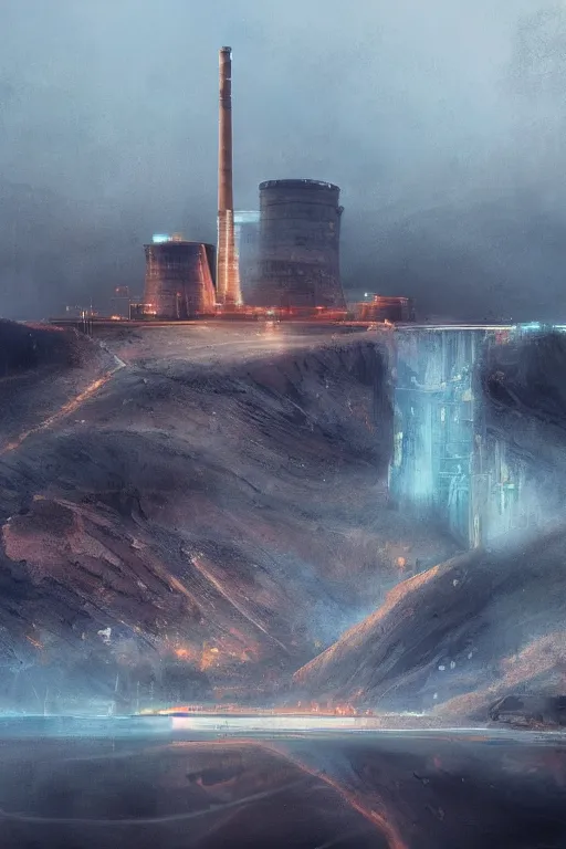 Image similar to magnificent view of a nuclear power plant standing on a hill in the middle of a river, intricate, elegant, volumetric lighting, digital painting, highly detailed, artstation, sharp focus, illustration, concept art, ruan jia, steve mccurry