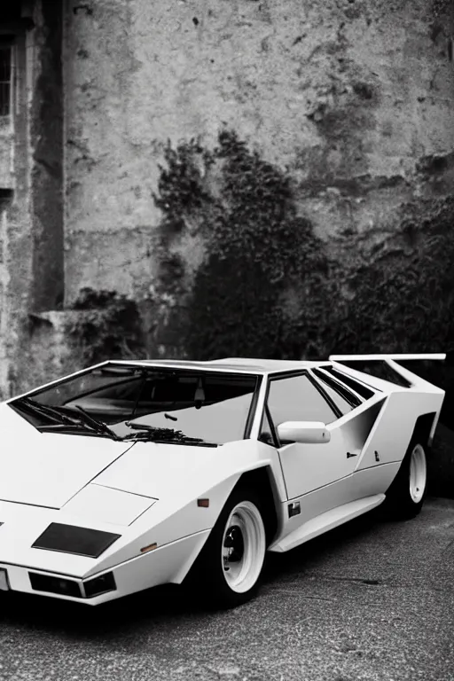 Image similar to Medium Format Portrait Photo of a Lamborghini Countach parked on a dock in Lake Como, sunny, award winning, highly detailed, depth of field, Cinestill 800t, wide shot, photo print.