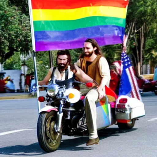 Prompt: a photograph of jesus riding a motorcycle with a rainbow flag on the back and a guy in the sidecar