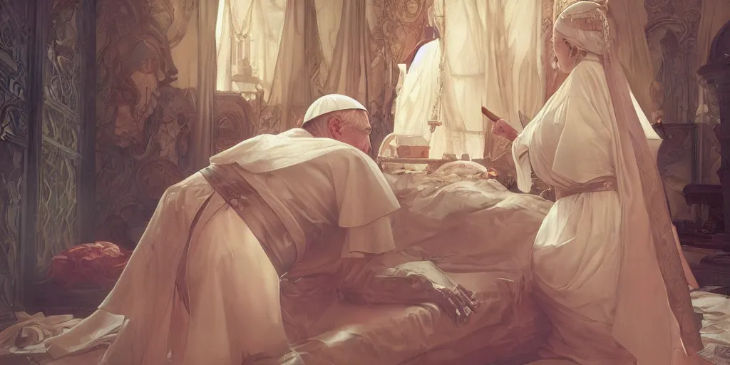 Prompt: photography of a pope making touching a sensual woman in a bedroom, deep focus, intricate, elegant, highly detailed, digital painting, artstation, concept art, matte, sharp focus, illustration, art by artgerm and greg rutkowski and alphonse mucha