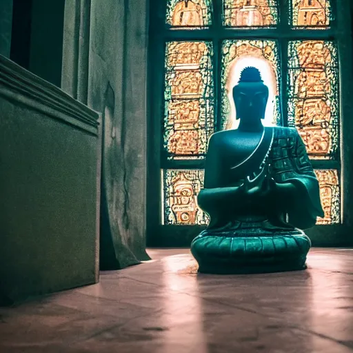 Image similar to dark green buddha being prayed in hagia sophia, dystopian universe