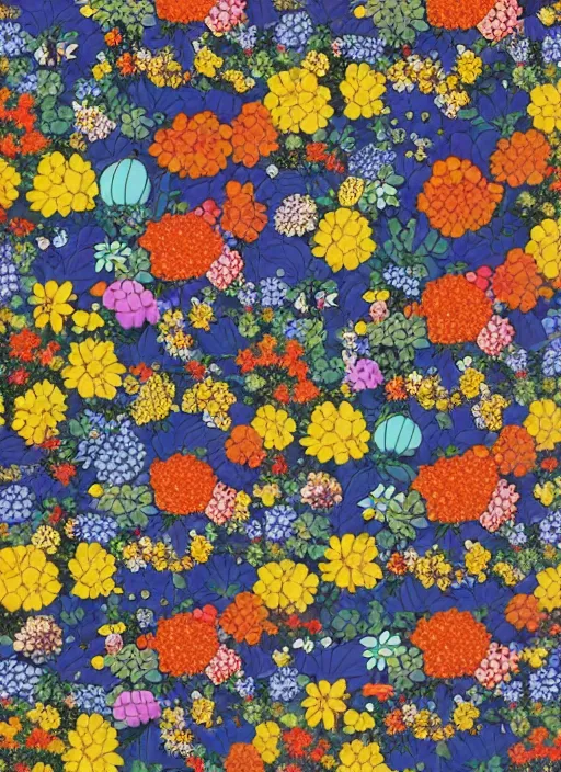 Prompt: multiverse of flowers, garden flowers pattern!!!, berries!!, dragonflies, garden monolith by satoshi kon and greg rutkowski, 7 0's vintage sci - fi design