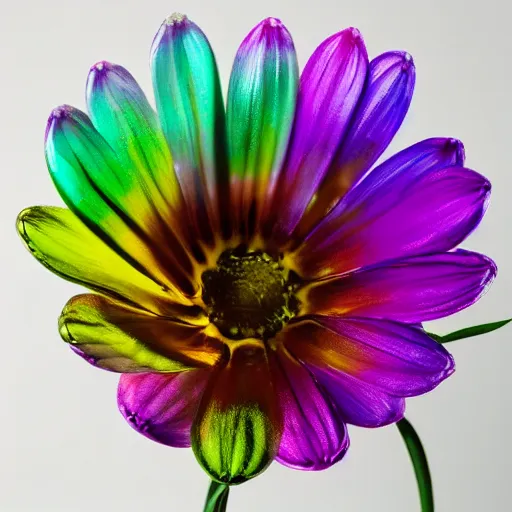 Prompt: An ultra high definition studio photograph of an alien flower that is (wilting) in a simple vase on a plinth. The flower is multicoloured iridescent. High contrast, key light, 70mm.