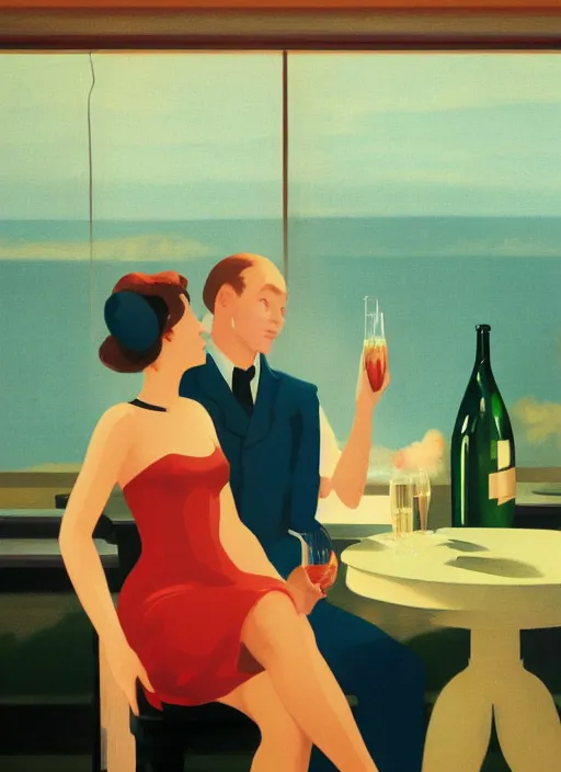 Image similar to a couple drinking champagne, romantic vintage style poster by Edward Hopper and James Gilleard, 8k, octane render, ultra sharp, detailed digital art