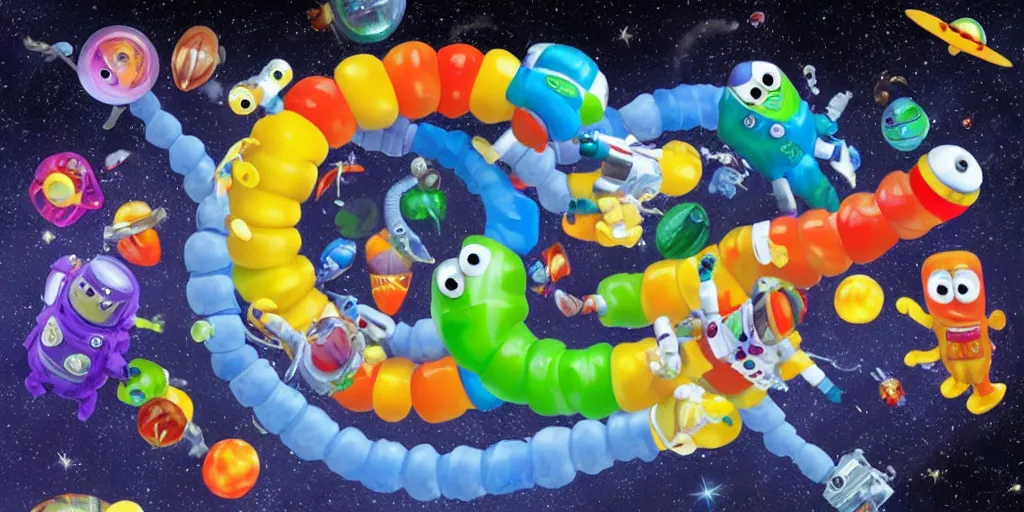 Image similar to a 3 d rendered movie still a gummi worm descendant 1 million years from now. gummi worm wears a spacesuit, and explores cosmos in a super awesome space ship. science fiction blockbuster movie gummi worms rule the world or my stepmom is a gummi worm from space, dramatic lighting, imax 7 0 mm. buzz lightyear