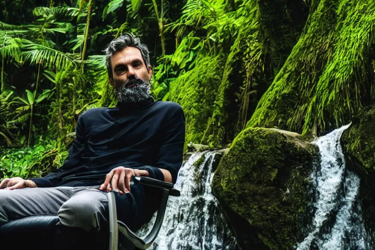 Image similar to movie closeup young man with a grey beard in a cyberpunk suit sitting on a futuristic chair at the edge of a jungle waterfall by emmanuel lubezki