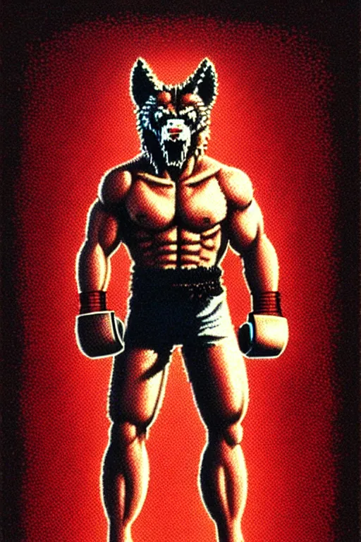 Prompt: extreme long shot. ultra jpeg compression. 8 bit nes graphics. 8 0's. vhs artefacts. antropomorphic muscular masculine wolf. kickboxer fighter, in shorts. wolf head. angry. fine details, very sharp, art from nes game cartridge, vaporwave style, marc simonetti and hermann nitsch and anish kapoor.