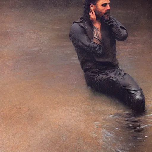 Image similar to man stuck in liquid black asphalt, digital painting by Gaston Bussiere, photorealistic