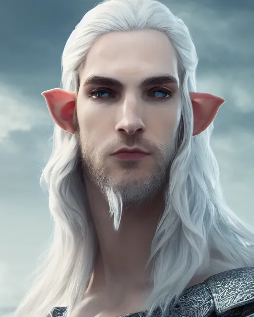 Image similar to portrait, beautiful male elf, long wavy white hair, super detailed, light black armor with silver accenting, silver jewelry, fur lined cape, 8 k, filmic, octane render, sunlight, clouds, artstation, greg rutkowski, rossdraws, william bouguereau, sharp focus