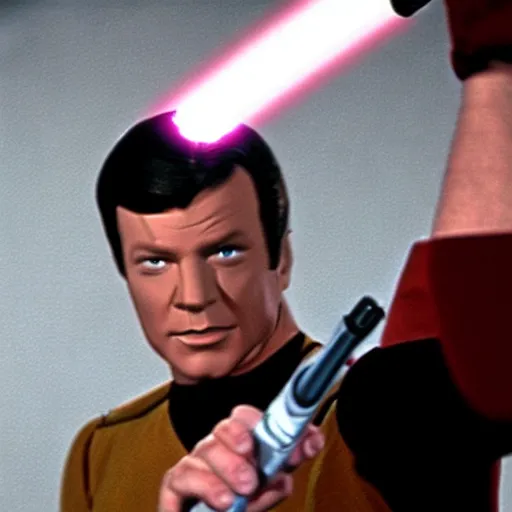 Prompt: captain kirk in Star Trek TOS holding a lightsaber, looking serious