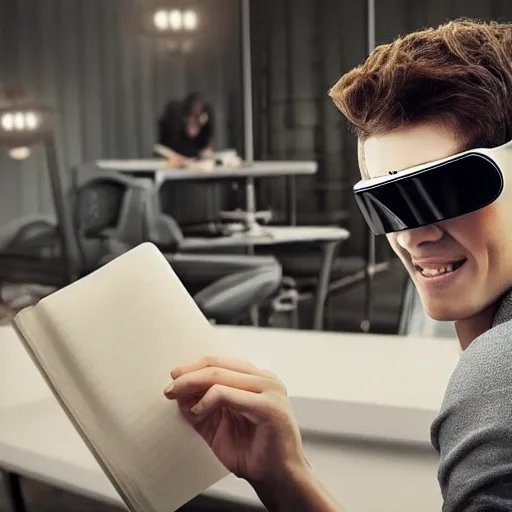 Prompt: beautiful hyper-realistic style cinematic work where a man with virtual reality glasses appears, in the background you can see a happy teenager with his notebooks and his backpack on