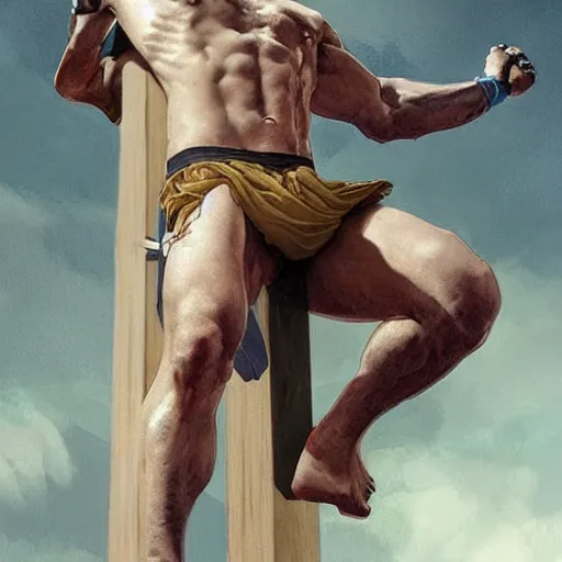 Prompt: hulking conor mcgregor crucified on the cross, masterpiece, intricate, elegant, highly detailed, digital painting, artstation, concept art, smooth, sharp focus, illustration, art by artgerm and greg rutkowski and alphonse mucha and uang guangjian and gil elvgren and sachin teng, symmetry!!