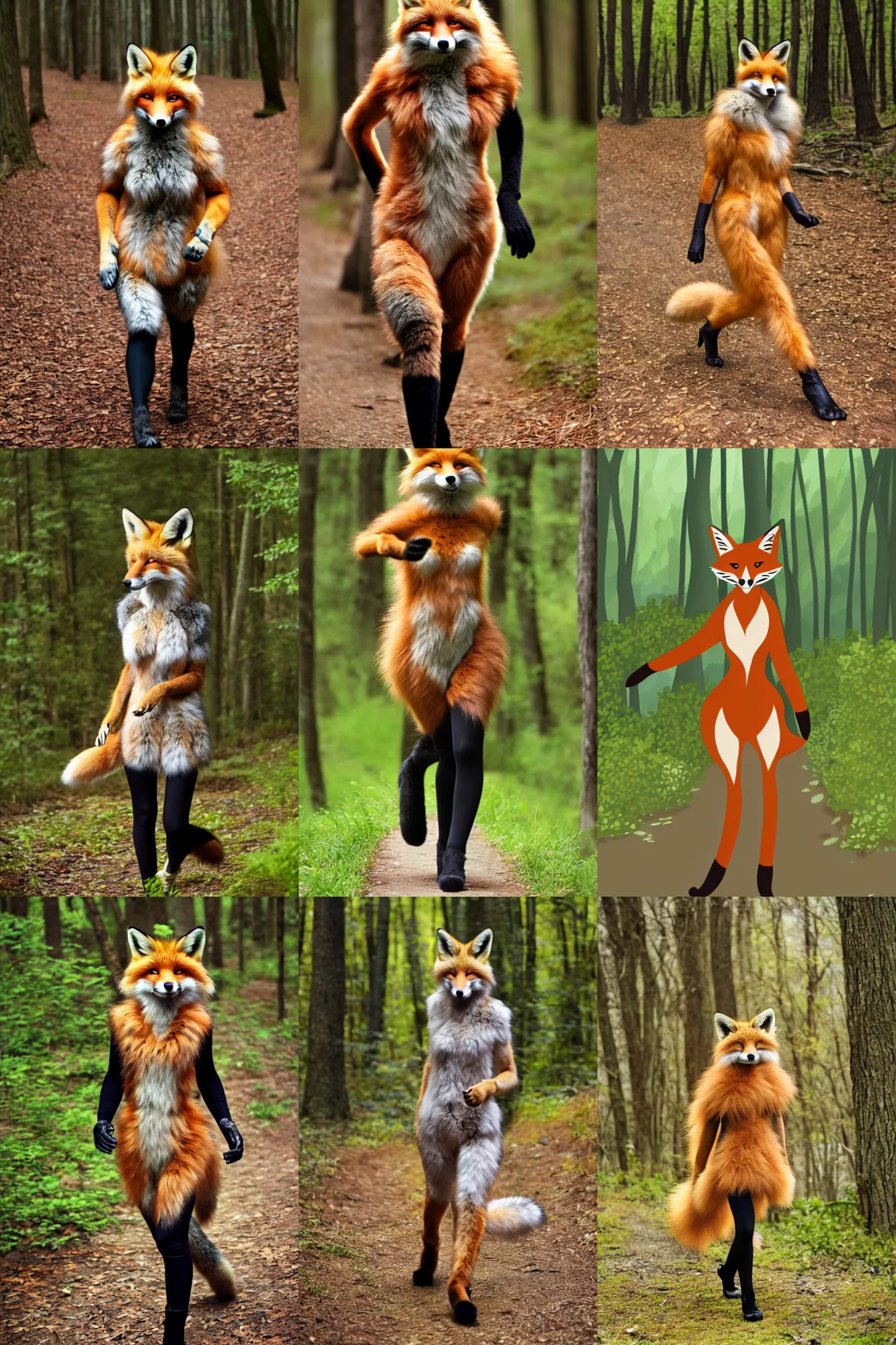 Prompt: anthro furry digitigrade natural - colored fox woman with black paws, walking upright in a forest