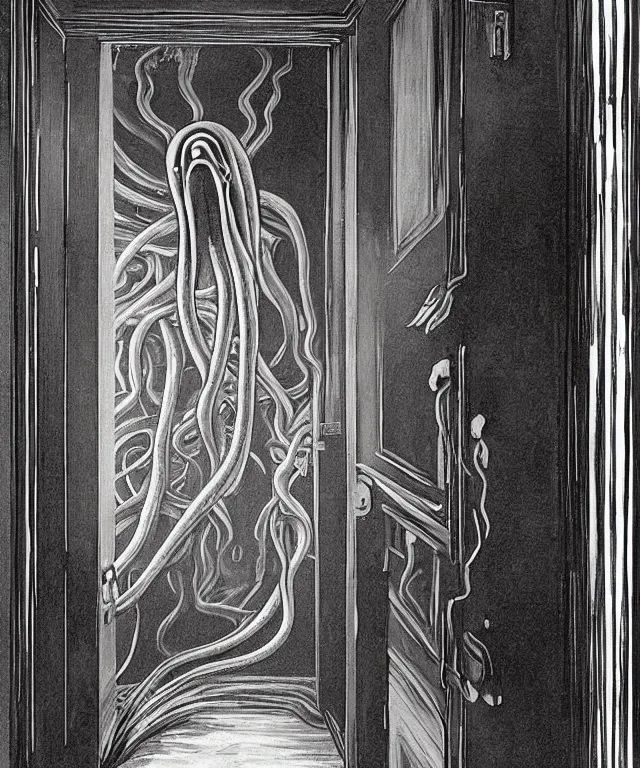 Prompt: horrifying photorealistic painting of a 1 9 2 5 hotel elevator lobby, elevator doors look like a mouth, with a tentacle - shaped tongue, licking out, dark, atmospheric, brooding, smooth, finely detailed, cinematic, epic, lovecraft, in the style of lee gibbons