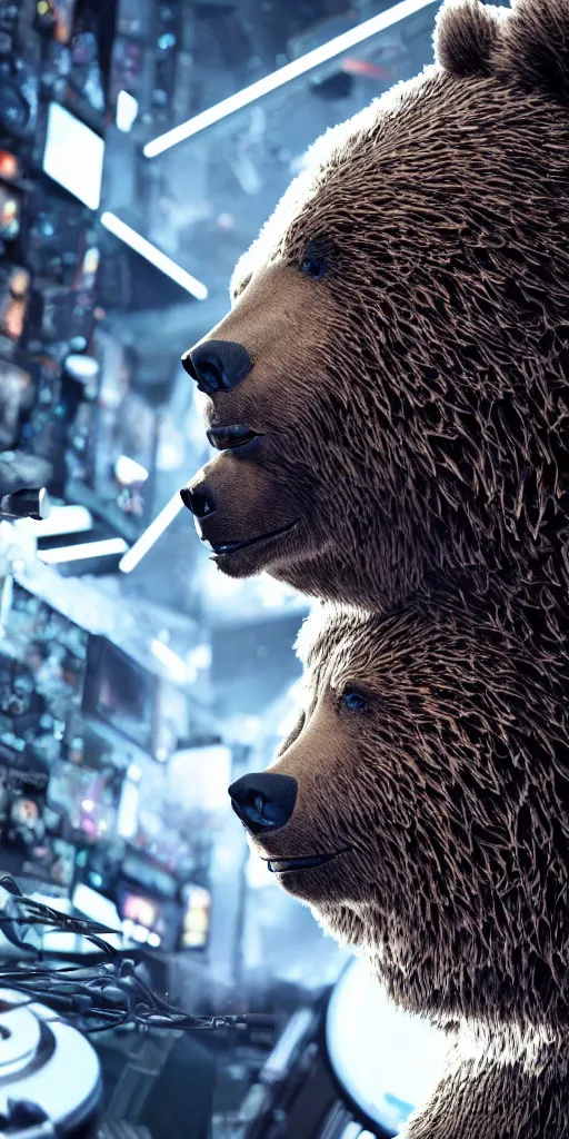 Image similar to a cyborg grizzly bear dj mixing records on stage, photorealistic, highly detailed, illustration, lifelike, highly detailed, intricate, octane render, sharp focus, cyberpunk