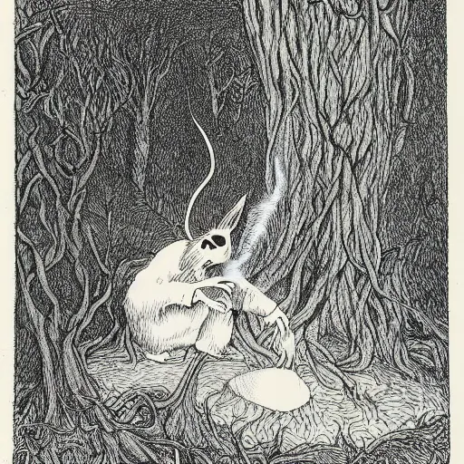 Prompt: a deep dark tangled forest, a white rabbit smoking a cigarette while reclining, a lingering smoke cloud, childrens illustration, by edward gorey, by gustav dore