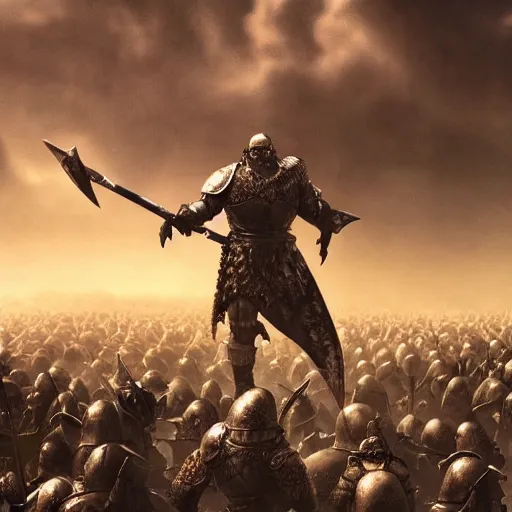 Prompt: A single knight standing against an army of orcs in the desert, HD, ultra detail, matte, fantasy, famous illustration, masterpiece, dark atmosphere, war, good value control, intricate, cinematic, concept art, 8K, foggy,