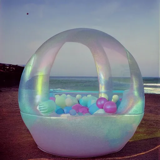 Image similar to a pastel colour high fidelity wide angle Polaroid art photo from a holiday album at a seaside with abstract inflatable parachute furniture, spheres and a sculpture named ‘self care’, all objects made of transparent iridescent Perspex and metallic silver, a grid of sun beds iridescence, nostalgic