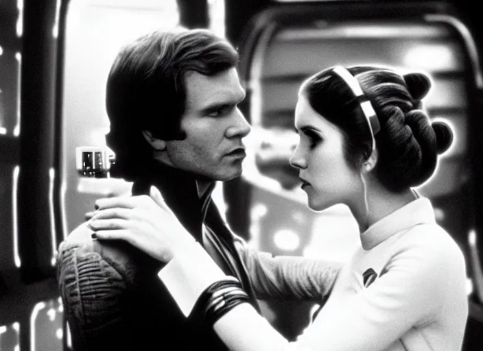 Image similar to screenshot of Han Solo dressed up as an imperial officer kissing Princess Leia Organa, iconic scene from 1970s thriller film directed by Stanley Kubrick, in a sci-fi shipping port, last jedi, 4k HD, cinematic lighting, beautiful portraits of Harrison Ford and Carrie Fischer, moody, stunning cinematography, anamorphic lenses, kodak color film stock