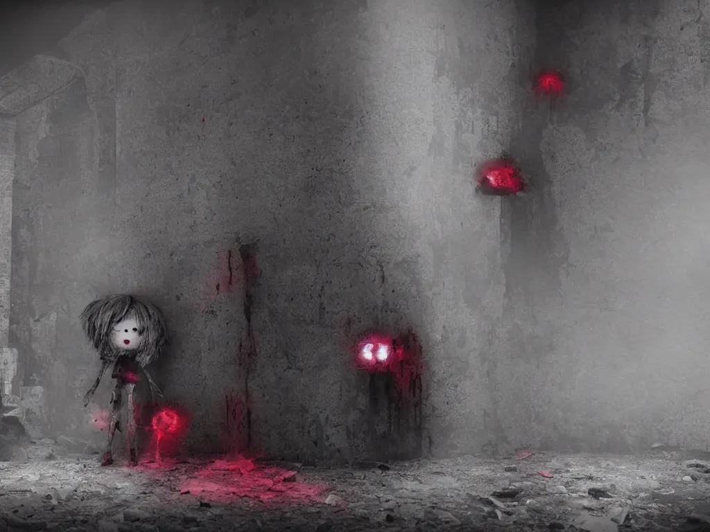Image similar to cute fumo plush girl ghost lingering in a mysterious concrete wartorn brutalist ruin infected by strands of red parasitic fungus, chibi gothic maiden in tattered rags, dramatic three point lighting, glowing wisps of hazy red smoke and eerie volumetric fog swirling about, vray