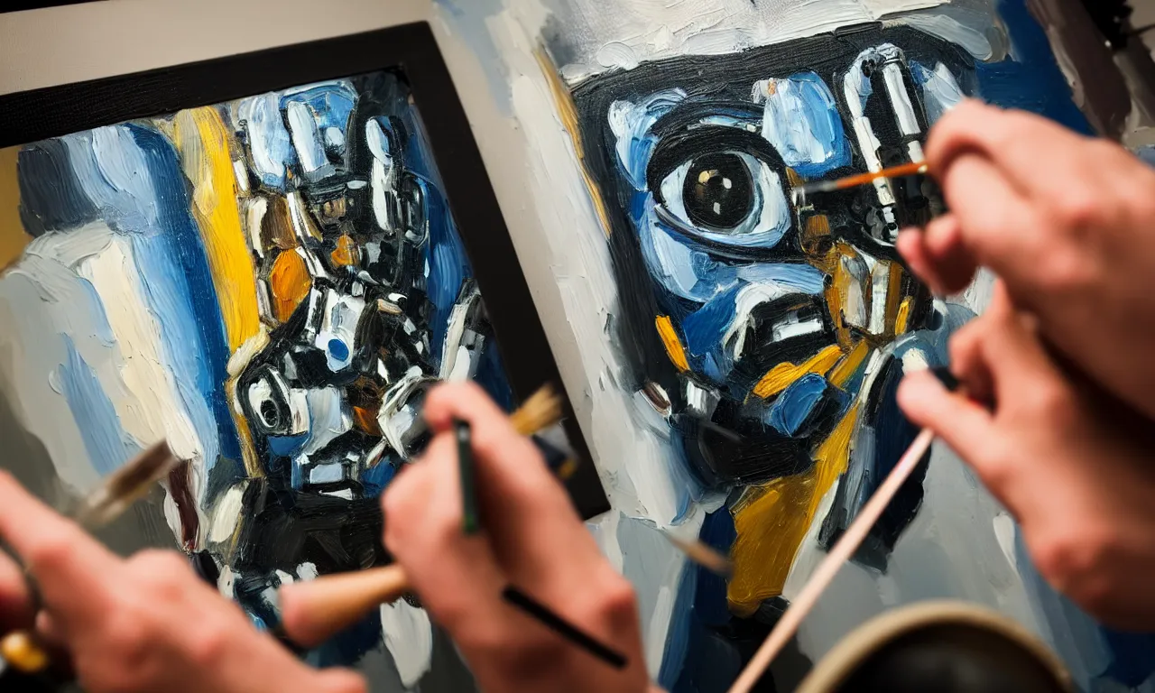 Prompt: studio portrait photography of a robot carefully painting an oil painting. photorealistic. intricate details. 3 5 mm photograph. dramatic lighting. action shot. absolute focus. masterpiece.
