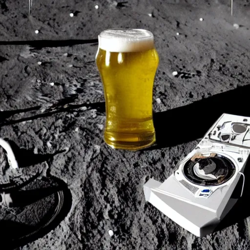 Image similar to photo of a detailed idle electric guitar and an detailed idle beer can next to one another on the moon surface. realistic. detailed