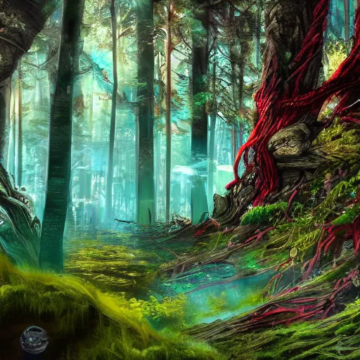 Image similar to fantasy forest, lush, epic fantasy, dark cyan accents, dark red accents