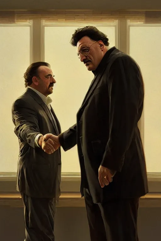 Image similar to walter white shaking hands with tony soprano and tony montana, perfect-full-shot, intricate, elegant, highly detailed, digital painting, artstation, concept art, smooth, sharp focus, illustration, art by artgerm and greg rutkowski and alphonse mucha