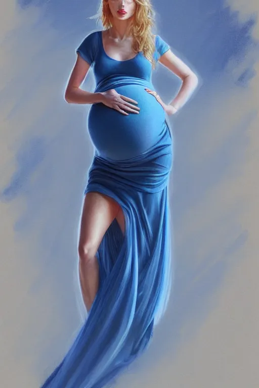 Image similar to pregnant taylor swift in a blue dress, realistic portrait, symmetrical, highly detailed, digital painting, artstation, concept art, smooth, sharp focus, illustration, cinematic lighting, art by artgerm and greg rutkowski and alphonse mucha