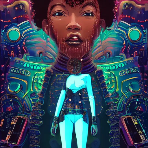 Image similar to afro - cyberpunk deities unseen amongst their creations, gods and men, a society manifesting dreams with cosmic ancestral magic in a modern world | hyperrealistic oil painting | by makoto shinkai, ilya kuvshinov, lois van baarle, rossdraws, basquiat | afrofuturism, in the style of surrealism, trending on artstation | dark color scheme