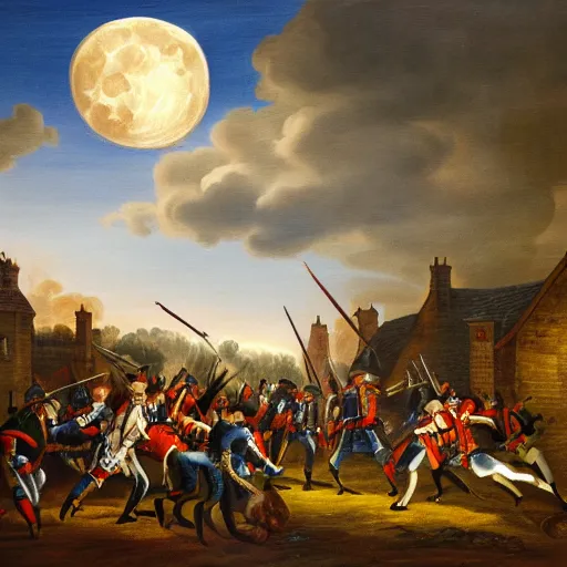 Image similar to painting of 18th century battle between British redcoats fighting werewolves in village streets, midnight, full moon, gothic, oil painting, night, colors,