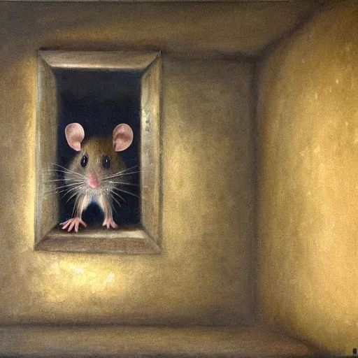 Prompt: A detailed shot of the interior of a mouse house in the wall, wide shot, hyperealism, oil painting