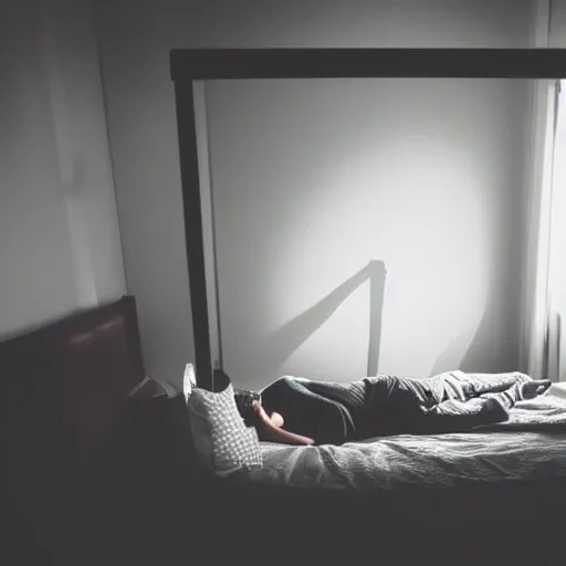 Image similar to hyper realistic photo of a room with a tall black silhouette of a person standing in front of a person sleeping in bed at a person sleeping in bed at night