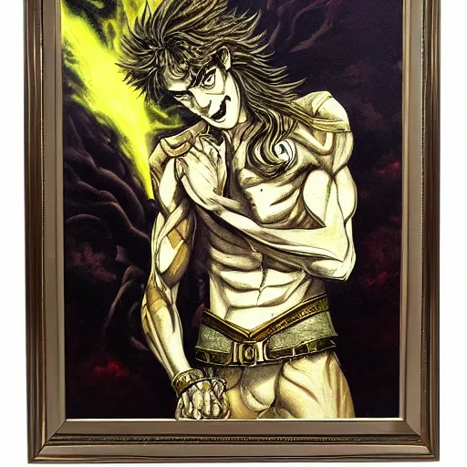 Prompt: A side view framed painting of vampire part 3 dio brando holding a human skull, fantasy, detailed, cinematic, tarot card, highly detailed, golden ratio,8k