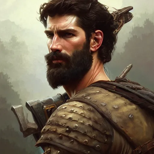 Prompt: portrait of a rugged ranger, handsome, muscular, 30 years old, D&D, fantasy, intricate, elegant, highly detailed, digital painting, artstation, concept art, matte, sharp focus, illustration, art by Artgerm and Greg Rutkowski and Alphonse Mucha