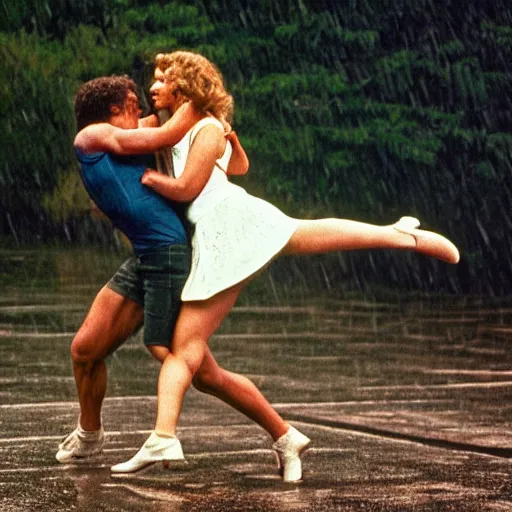 Image similar to dirty dancing poster with closeup portrait of young arnold schwarzenegger dancing with jennifer lawrence in the rain, 5 0 mm cinema shot, beautiful light, best lense, 9 0 s romantic movie, 4 k