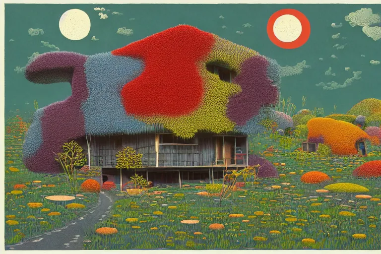 Image similar to surreal glimpse into other universe, house by kengo kuma, summer morning, very coherent and colorful high contrast, art by!!!! gediminas pranckevicius!!!!, geof darrow, floralpunk screen printing woodblock, dark shadows, hard lighting, stipple brush technique,