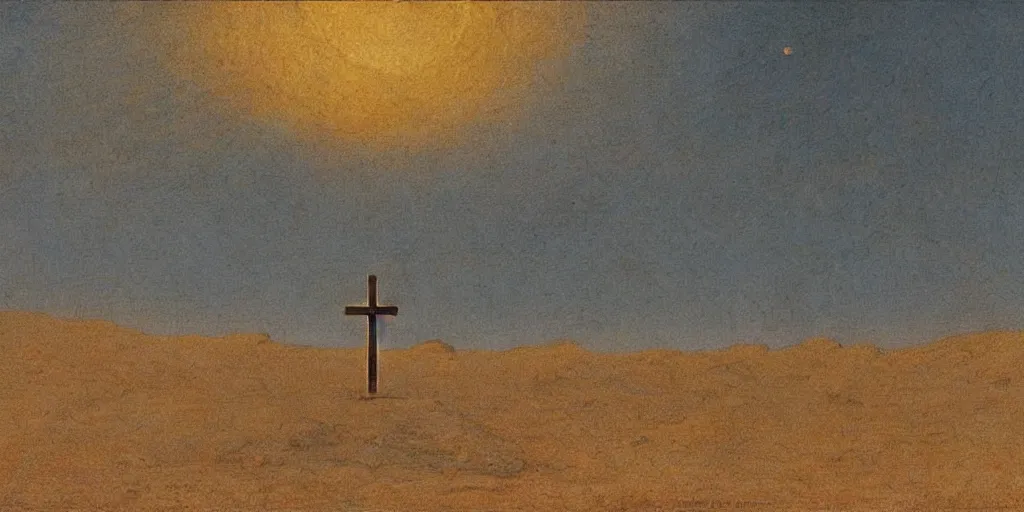 Image similar to A burning cross in the middle of the desert drawn by Caspar David Friedrich, dune, highly detailed