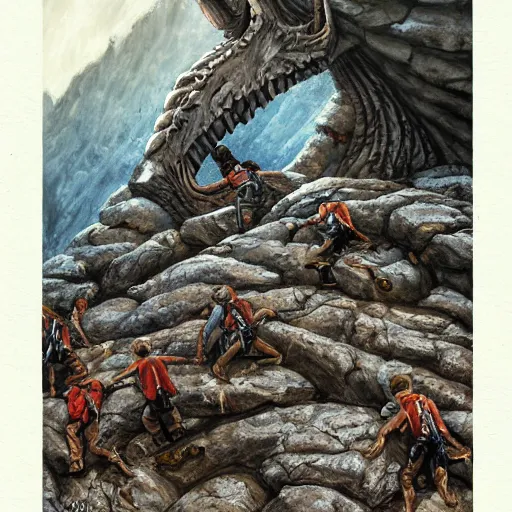 Image similar to groups of adventurer rock climbers climbing a giant ancient dragons skull, very detailed, fantasy art, dungeons and dragons, belaying, ropes, equipment, landscape, cover of national geographic