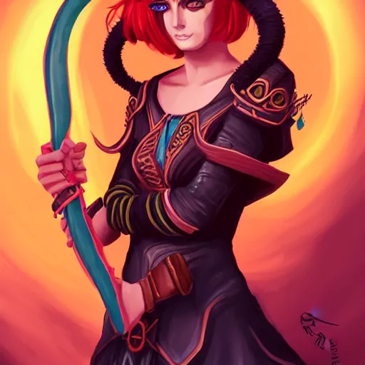 Image similar to illustrated portrait of youthful female feminine horned tiefling female bard with long blue bob cut hairstyle, her skin is orange and tanned, and her eyes are pure black orbs, and she is wearing colorful leather armor by rossdraws,