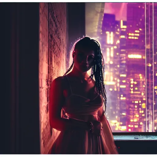 Prompt: romantic cyberpunk portrait of a beautiful Colombian girl, UE5, dramatic lighting