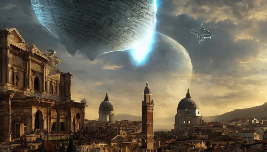 Image similar to silhouette of a greek king overlooking a giant alien ufo high tech spaceship eerily hovering on italy venice city landscape with beautiful temples by greg rutkowski, artgerm, ross tran, magali villeneuve, intricate, time travel theme, audince in awe, spectacle, audience sorrounding, award winning, octane render, masterpiece, 8 k, beautiful