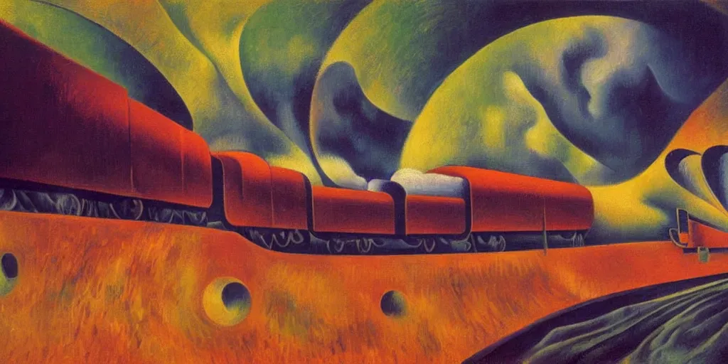 Image similar to oil painting of streamline train speeding. futurism. extreme speed with headlight shining into the fog. thomas hart benton and magritte and umberto boccioni.