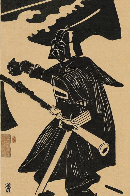 Image similar to Japanese woodblock print of Darth Vader holding a samurai sword , Hokusai