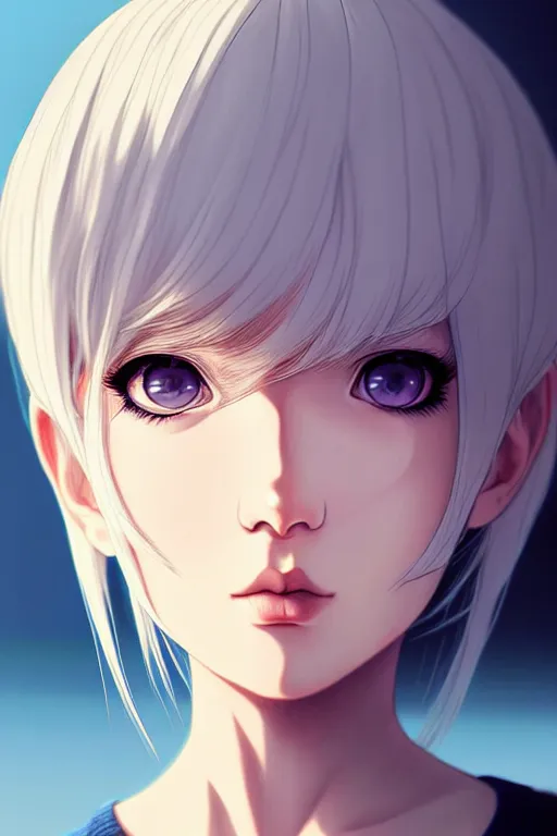 Image similar to portrait Anime girl, cute-fine-face, white-hair pretty face, realistic shaded Perfect face, fine details. Anime. realistic shaded lighting by (((Ilya Kuvshinov)))