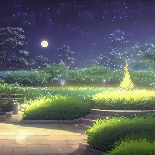 Image similar to a secret garden at night, moon, no people, by makoto shinkai