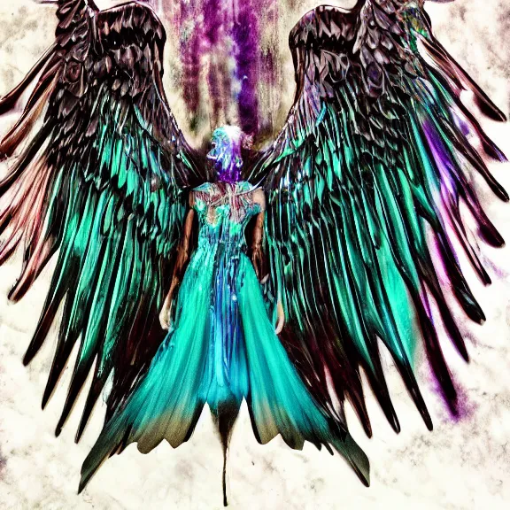 Prompt: crystal wings, waporwave polaroid, metal acid deep colors, fallen angel of death, love broken