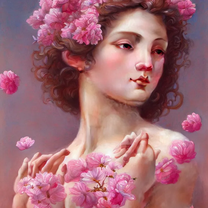 Image similar to a wonderful goddess with a realistic body made of pink petals, intricate, elegant, highly detailed, wonderful eyes, sweet, digital painting, artstation, concept art, smooth, sharp focus, illustration, art by artgerm and greg rutkowski and alphonse mucha and william - adolphe bouguereau