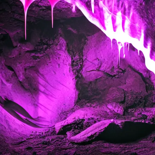 Image similar to purple fluid dripping down black spikes in a dark cave with a single lit torch, cinematic lighting, 8k render, ultra HD,