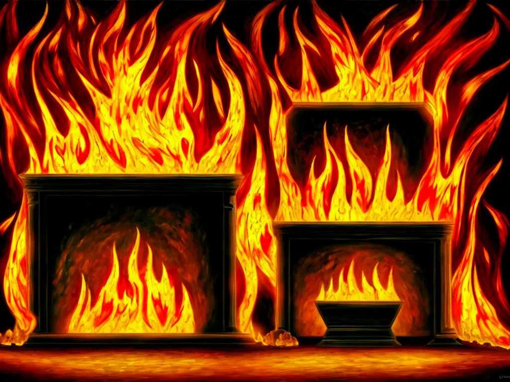 Image similar to oil painting of a fireplace with an ice sculpture inside it, dancing flames, and pictures hanging on the wall next to it, varied levels of attention, medium saturation high contrast absurd comical, minimal shading, hard outlines, light and medium values